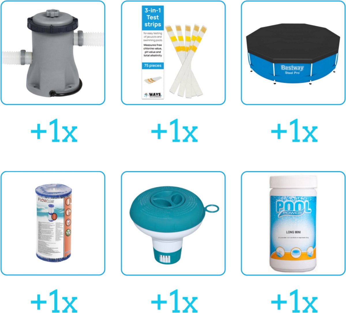 Accessoires voor Bestway Fast Set Opblaasbaar zwembad - 305x76 cm - Rond - Bestway - 57266 - Pomp - Testrips - Afdekzeil - Filter - Chloordrijver - Chloor