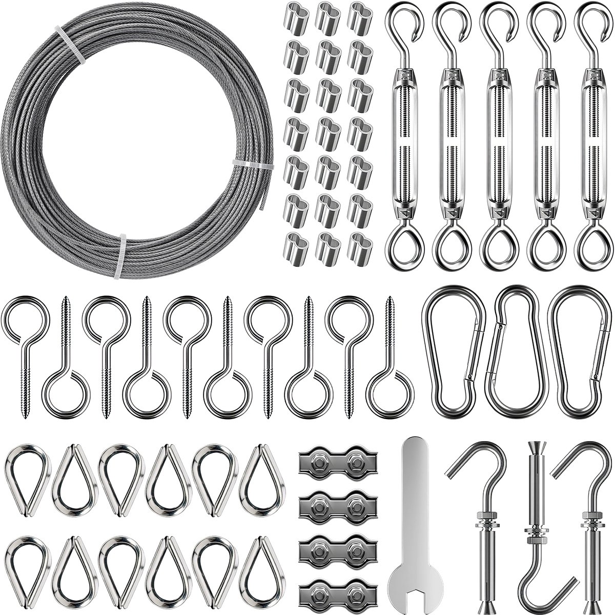 Glissimo Staalkabelset – 30m x 2mm Nylon Gecoate Staalkabel – Staaldraad - Compleet met RVS Haken, Schroefogen & Bevestigingen – Voor Tenttouw, Waslijnen & Buitenverlichting