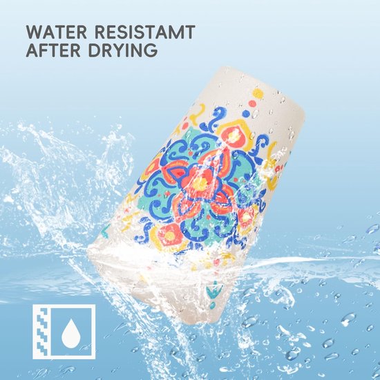 Een beschilderde vaas met een kleurrijk patroon, met waterstralen eromheen. Toont waterbestendigheid van de inkt.