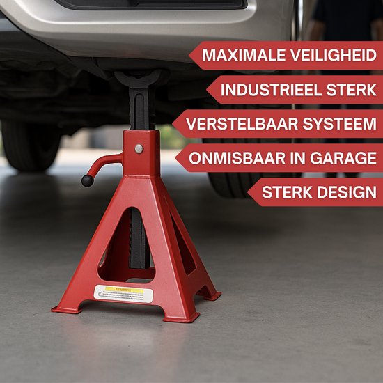 Een rode Ragnor autosteun onder een auto. De tekst zegt: 'Maximale veiligheid', 'Industrieel sterk', 'Verstelbaar systeem', 'Onmisbaar in garage', 'Sterk design'.