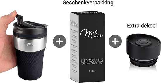 Zwarte Milu thermosbeker, een doos en een extra deksel. De beker is 210 ml en lekvrij.