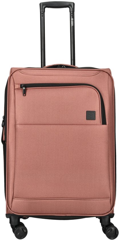 Roze reiskoffer met visgraatpatroon, ritssluiting en trolley-systeem.