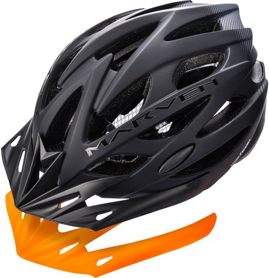 Zwarte fietshelm met oranje vizier en grijs textuurpatroon.