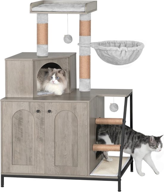 COSTWAY Krabboom met kattenbakkast, kattenkast voor kattentoilet, krabboom met groot platform & krasmat & bal & sisalpaal, alles-in-één kattenmeubel, 80 x 45 x 87,5 cm, grijs COSTWAY Krabboom met kattenbakkast, kattenkast voor kattentoilet, krabboom met groot platform & krasmat & bal & sisalpaal, alles-in-één kattenmeubel, 80 x 45 x 87,5 cm, grijs