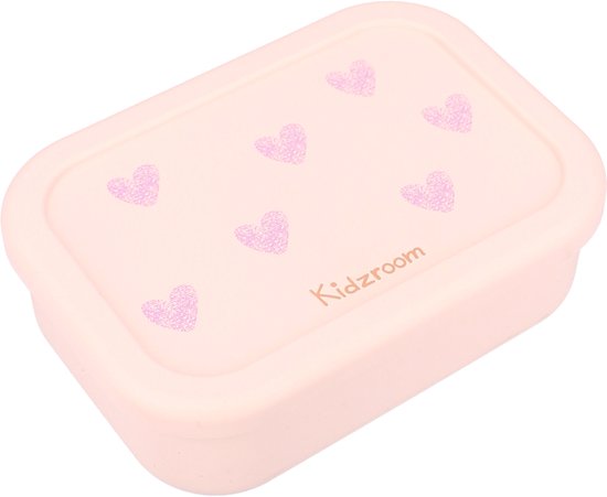 Lichtroze Kidzroom lunchbox met een patroon van zes lichtpaarse hartjes.