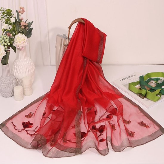 Écharpe femme - Fleurs - Brodée - Rouge