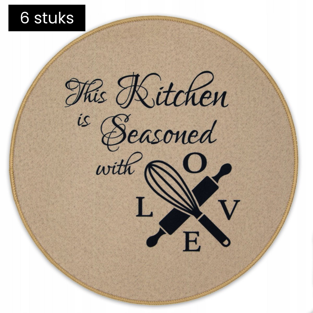 Tragar Ronde Placemats Set van 6 – Beige – Ø38 cm – Antislip – Kunststof – Keuken Quote Design