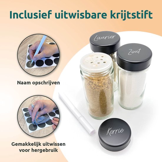 Twee afbeeldingen tonen hoe je de meegeleverde stickers kunt beschrijven met de krijtstift en gemakkelijk uit kunt wissen.
