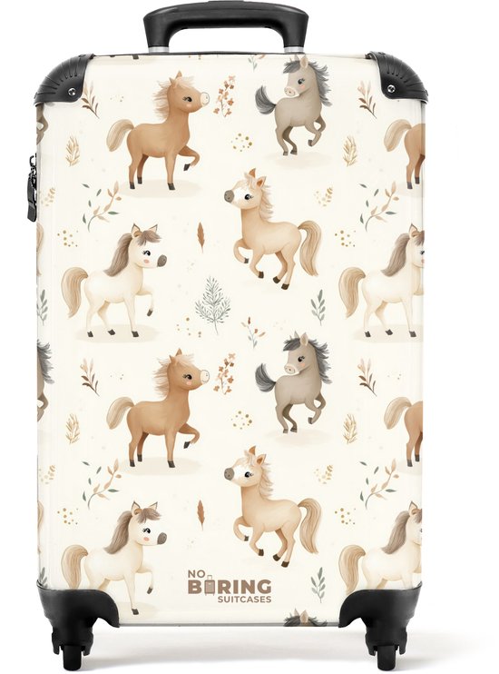 Handbagage koffer met een vrolijke print van veulens in beige en bruintinten op een crèmekleurige achtergrond.