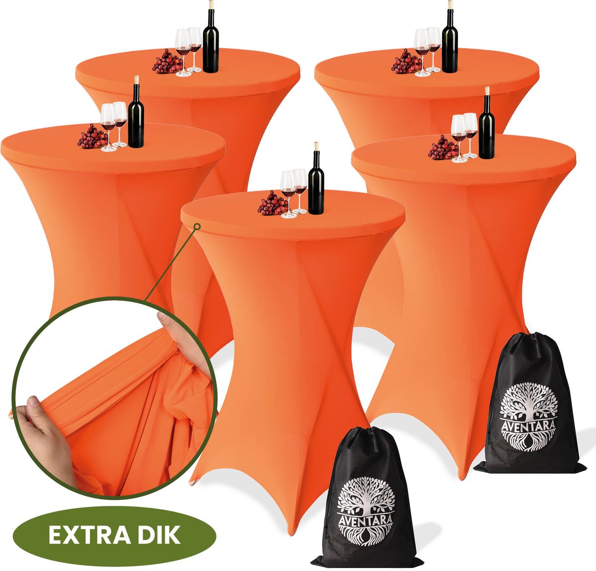 Statafelrok Oranje x 5 – ∅80-85 x 110 cm met Opbergtas – Statafelhoes Stretch Stof – Kras- en Vouwvrije Statafel Rok Extra Dik – Sta Tafelrok - 5 Stuks – Statafelhoezen Voor Horeca, Evenementen, Feest, Bruiloft en Partijen
