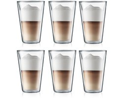 Bodum Dubbelwandige Latte Macchiato Glazen Canteen – 400 ml – 6 Stuks – Grote Glazen van Hittebestendig Borosilicaatglas – Met Gepatenteerd Ventiel voor Veilig Drukbeheer – Dubbelwandig, Vaatwasser- en Magnetronbestendig – Voor Warme & Koude Dranken