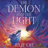 Boek "The Demon and the Light" met op de voorkant een meisje met blauwe kleding en een demonische vogel in felgekleurde, wervelende linten.