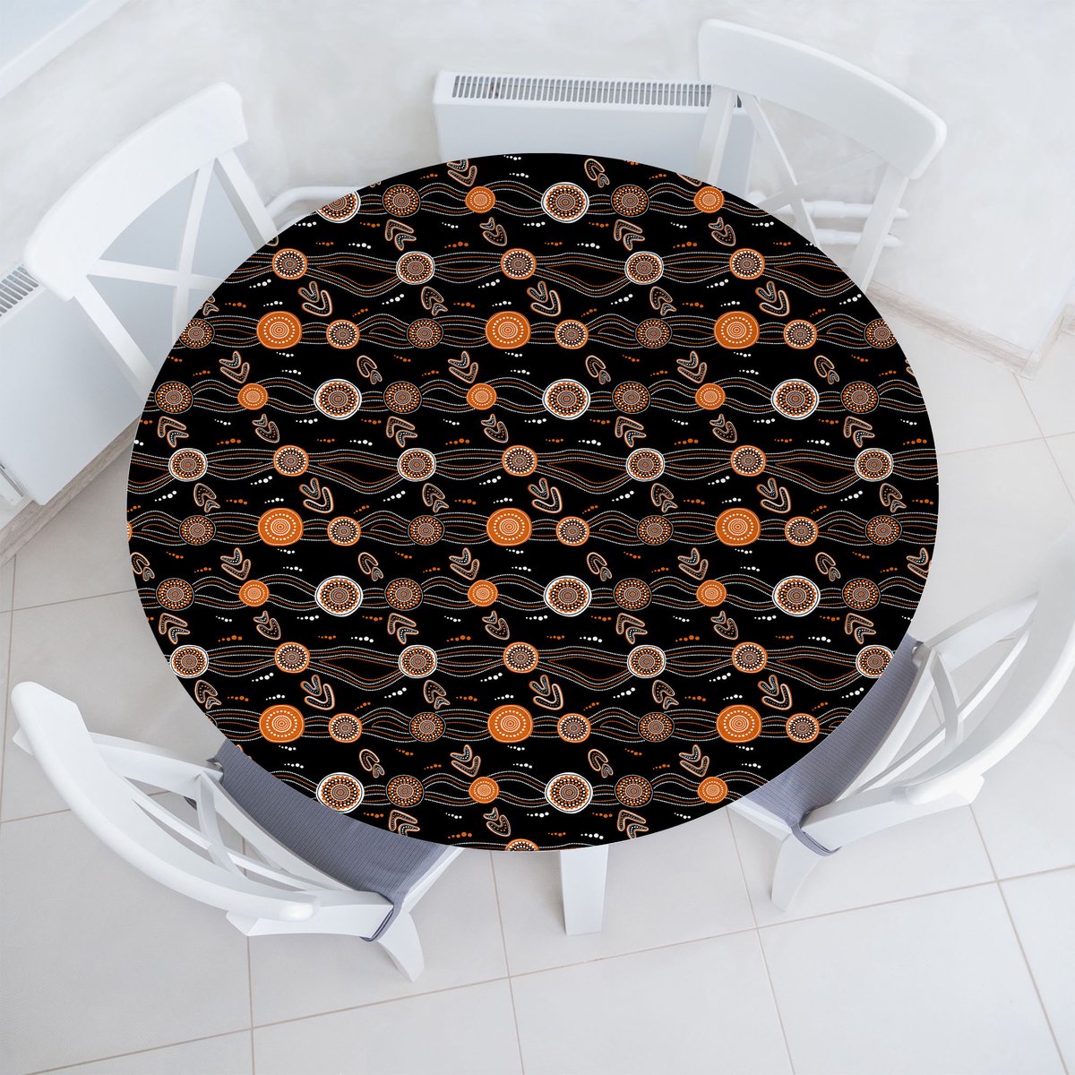 New Bed Aboriginal Golven Dots en Boemerang Rekbare Ronde Tafellaken, Elastische Stof Tafelhoes rondom 142 cm -152 cm Diameter