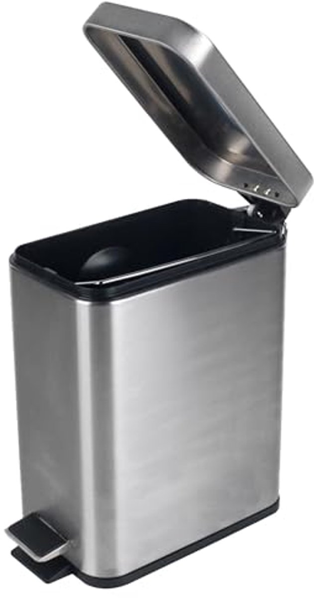 Beldray LA041173SS Rechthoekige Pedaalemmer – Kleine Vuilnisbak met Zacht Sluitend Deksel, Prullenbak voor Kantoor met 5 Liter Capaciteit, Roestvrijstalen Papiermand, Smalle Afvalscheidingsbak, Zilver