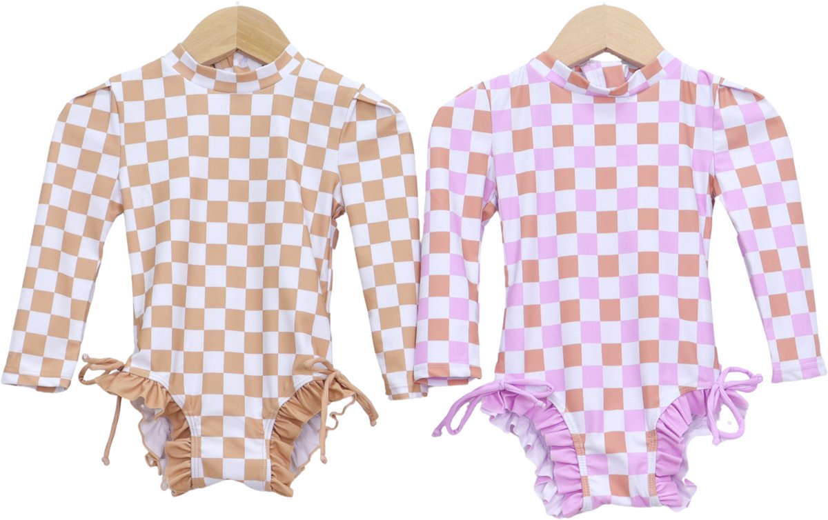 Joya Kids® Badpak Lange Mouw Lila, Roze en Wit Geblokt met Ruches en Strikjes Meisjes | Zwempak met ruches UV Badpak Lila en Roze | Zwempak Lange Mouw UV Bescherming Blokjes | Meisje Bikini Zomer | Kinderbadpak Peuter | — afbeelding 11