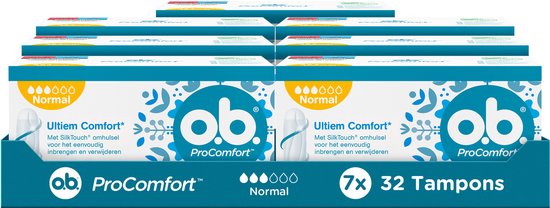 o.b. ProComfort Normal tampons voor de gemiddelde tot zware menstruatiedagen, met Dynamic Fit™-technologie en SilkTouch® oppervlak voor ultiem comfort* en betrouwbare bescherming, 7x32 stuks