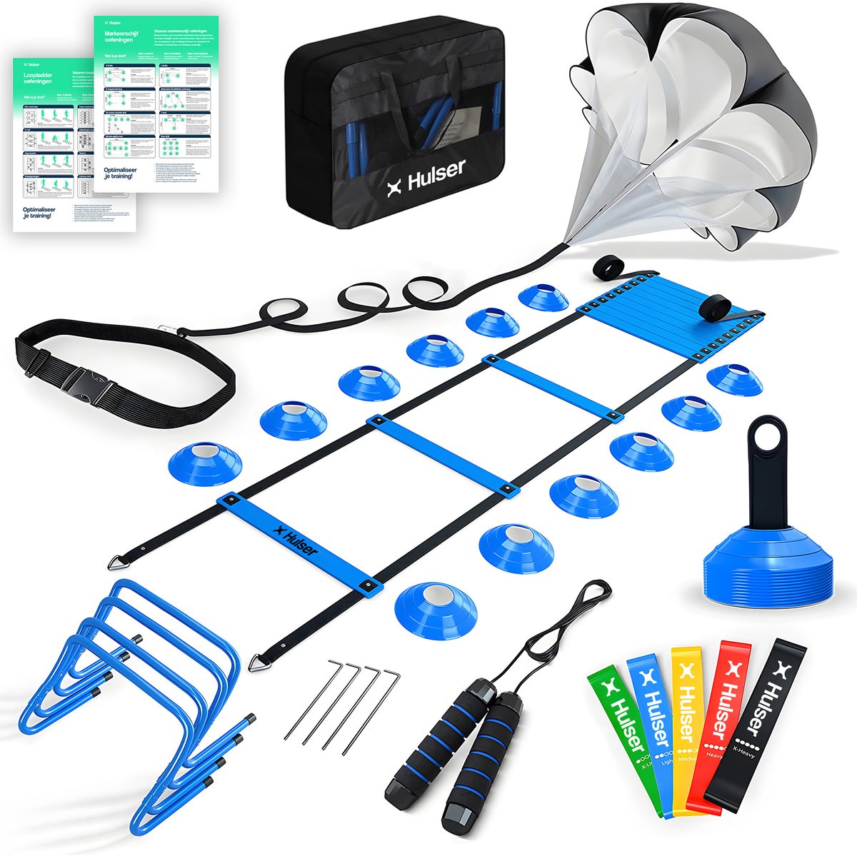 Hulser Sport Trainingsmateriaal - 26-delig - Blauw - Voetbal spullen - Loopladder 6 meter - Weerstand parachute - Pionnen set - Trainingshoedjes - Horden - Springtouw - Weerstandsbanden - Training materiaal - Agility speed ladder - Running artikelen