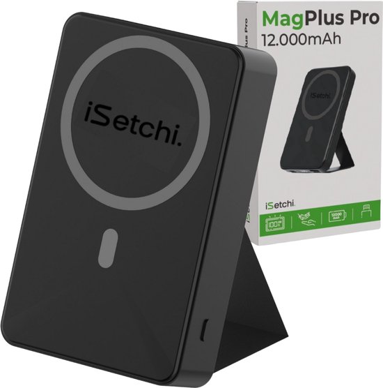 iSetchi MagSafe powerbank 12000 mAh - Klein Formaat - Magnetisch & Draadloos - Externe Batterij - Draagbare Lader - Noodpakket - Geschikt voor Apple iPhone 12/13/14/15/16 - Zwart