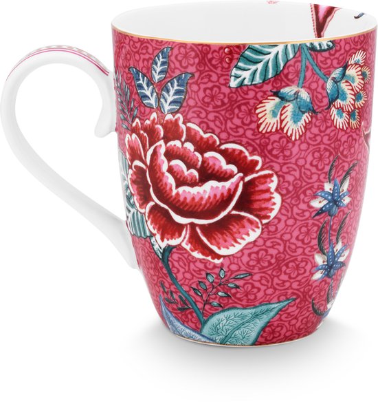 Fuchsia mok met rode en blauwe bloemen en een verfijnd patroon.