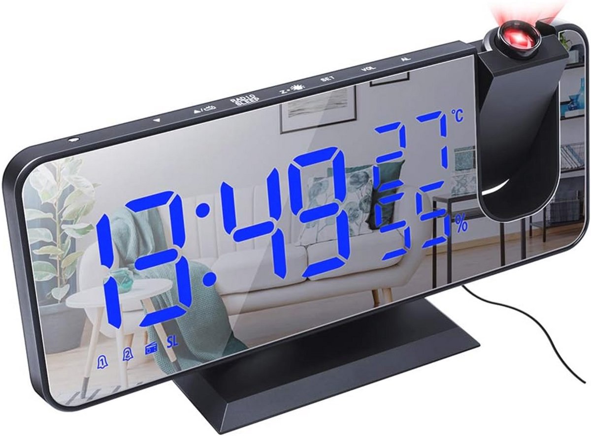 Projectiewekker met USB-poort en FM-radio - Digitale wekker met dubbele alarmfunctie