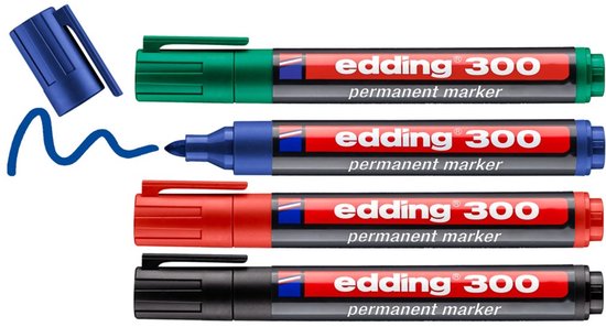 Set de marqueurs permanents edding 300 avec 4 couleurs - noir, rouge, bleu, vert - pointe ronde 1,5-3 mm - convient à de nombreuses surfaces - rechargeable