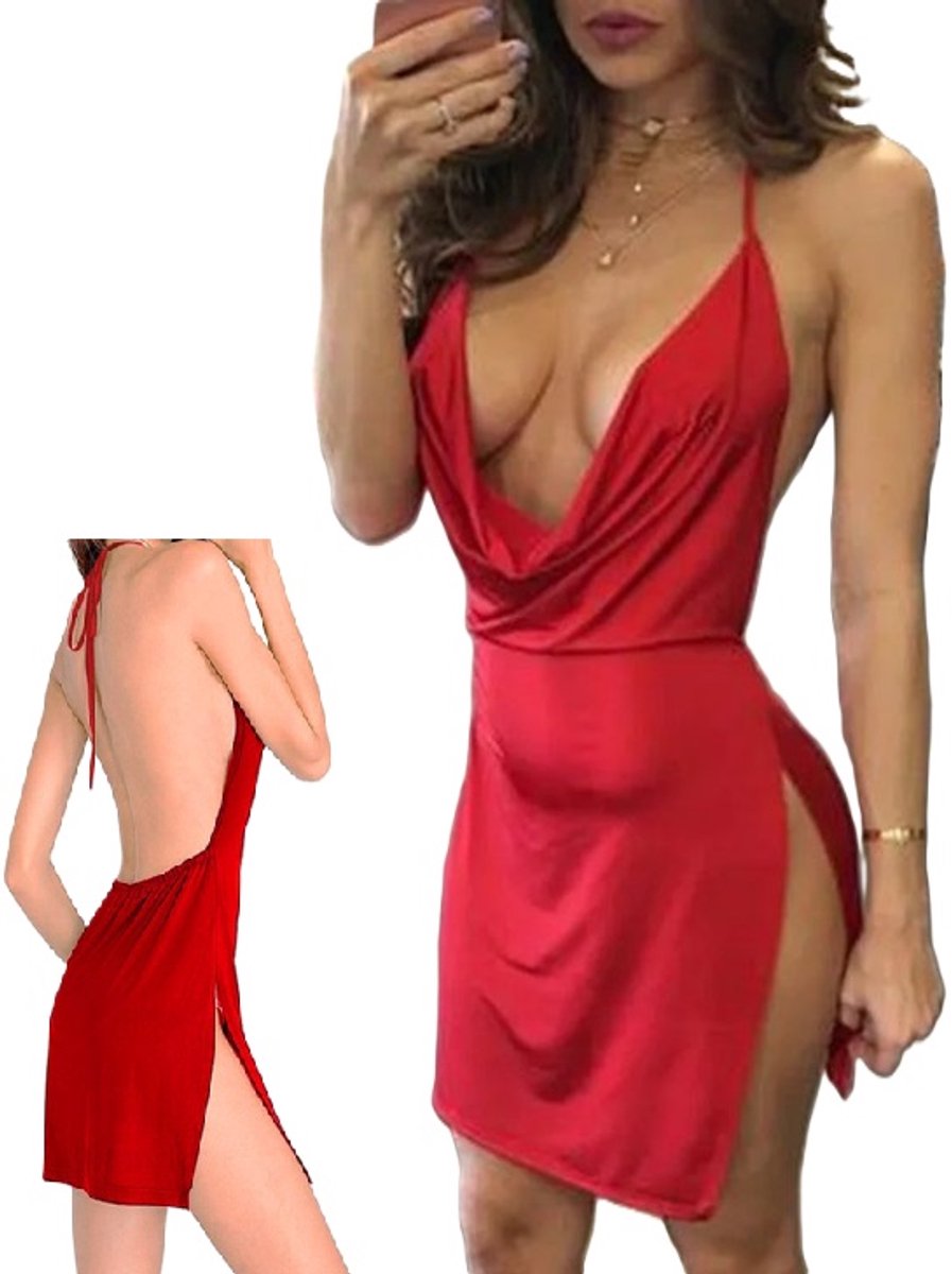 Goedkoopste Erotische Jurkje I Nachtjurkje I Sexy Stretch Jurkje I V-Neck I Open Rug I Erotisch Ondergoed I One Size I Rood