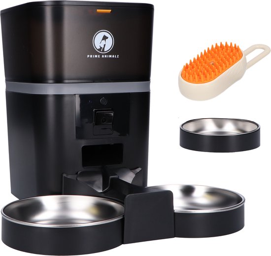 Prime AnimalZ Automatische Voerbak dubbel met stoomborstel voor kat en hond - Voerautomaat Dispenser - voerbak kat Dubbel en Enkel - met Camera - Full HD 1080P Camera met night vision - Two-way Audio - 4L- Zwart