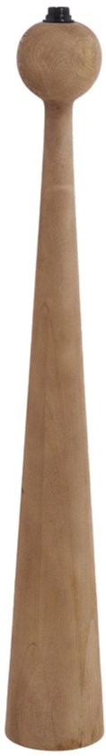 Houten vloerlamp met ronde voet, taps toelopende stam en bolvormige top met fitting.