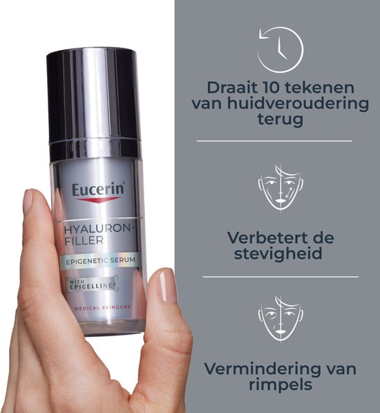 Eucerin Hyaluron-Filler Epigenetic Serum in zilveren pompflacon, verbetert stevigheid en vermindert rimpels.