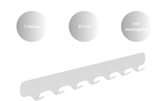 Witte stalen kapstok met 7 haken, met tekstballonnen '7 Haken', '67 cm' en 'Incl. montagekit'.