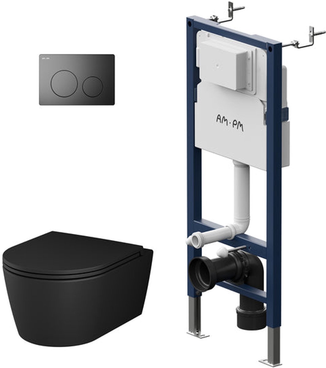 AM.PM Func - Inbouwreservoir Complete Toiletset - Hangtoilet Zwart - SoftClose Toiletzitting - Bedieningsplaat Zwart - Inbouwreservoir