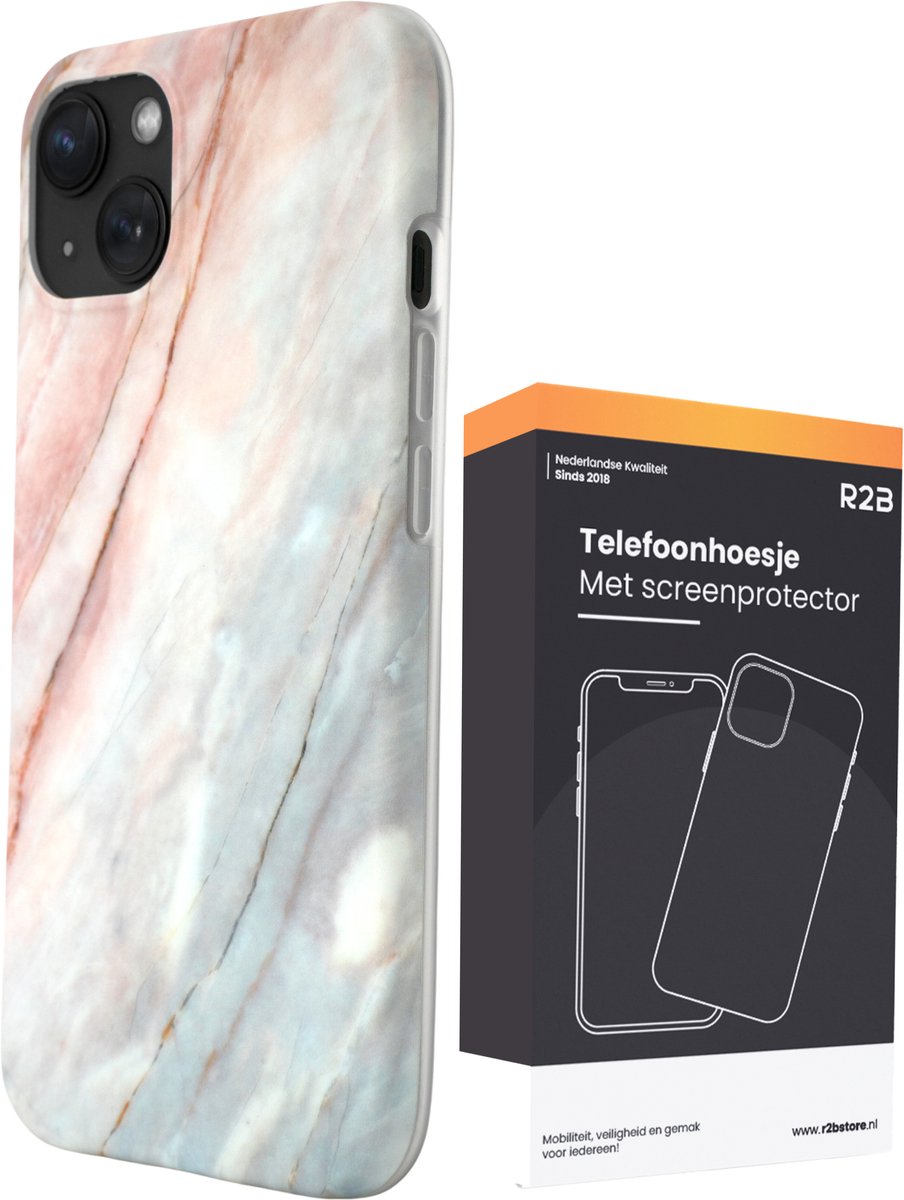 R2B Hoesje geschikt voor iPhone 13 - Marmer - Screenprotector - Roze/Grijs/Blauw - Telefoonhoesjes - Gsm Hoesje - Phone Case - Model de Bilt