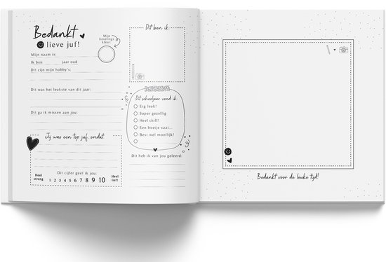 Opengeklapt afscheidsboekje met tekstvelden voor 'Bedankt lieve juf', 'Mijn naam is', 'Ik ben', 'Dit zijn mijn hobby's', 'Dit was het leukste van dit jaar', 'Dit ga ik missen aan jou' en 'Jy was een top juf omdat'.