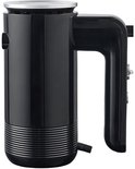 Zwarte handmixer met chromen bovenkant, gebogen handvat, horizontale groeven en uitlaat.