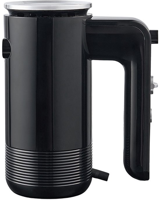 Zwarte handmixer met chromen bovenkant, gebogen handvat, horizontale groeven en uitlaat.