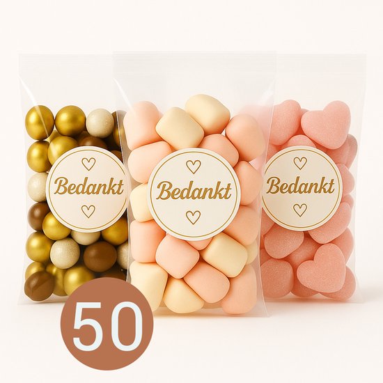 Uitdeelzakjes Bedankt - 50 stuks - met handige Plakstrip - inclusief Bedankt Stickers Goud - Afmeting 16.5 x 22 cm - Plastic Zakjes - Cellofaanzakjes - Cadeauzakjes - Traktatie Zakjes - Uitdeelzakje voor Feest
