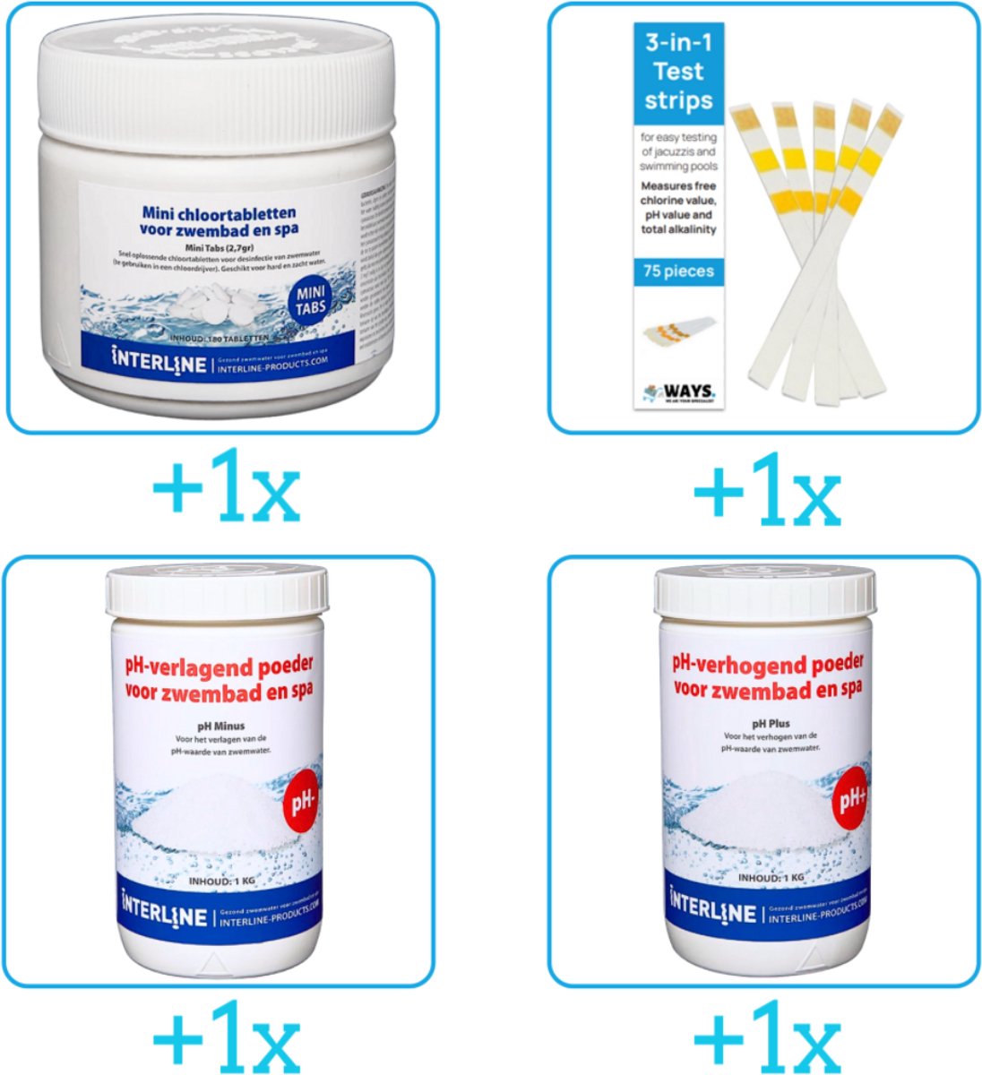 Zwembad Onderhoudsset – Startersset bevat Chloor – Testrips – PH-min en PH-plus – Interline Onderhoud Starterspakket – Voor zwembaden en Spa’s – Voor kleinere zwembaden tot 2500 liter (4-delig) Zwembad Onderhoudsset – Startersset bevat Chloor – Testrips – PH-min en PH-plus – Interline Onderhoud Starterspakket – Voor zwembaden en Spa’s – Voor kleinere zwembaden tot 2500 liter (4-delig)