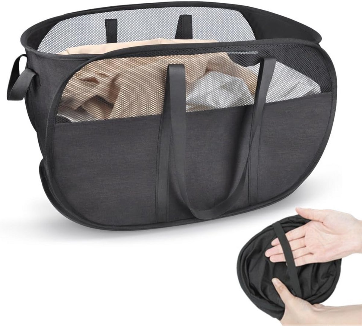 Pop-Up Wasmand - Opvouwbaar - Van Mesh - Met Handvatten - Ademend - 70L - Voor Badkamer, Slaapkamer, Studentenkamer & Reizen - Zwart