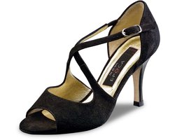 Nueva Epoca Martha LS Dansschoenen Dames - Zwart Suède - Lederen zool voor buiten dansen - Open Neus - Gekruist bandje - Argentijnse Tango, Kizomba, Salsa, Latin schoenen - Hoge Hak 8 cm - Nueva Epoca - Zwart - 40