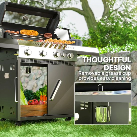 Gasbarbecue - Gasbarbecue en grill - 5 branders - Met slang en thermometer - Zilver + Zwart — afbeelding 5