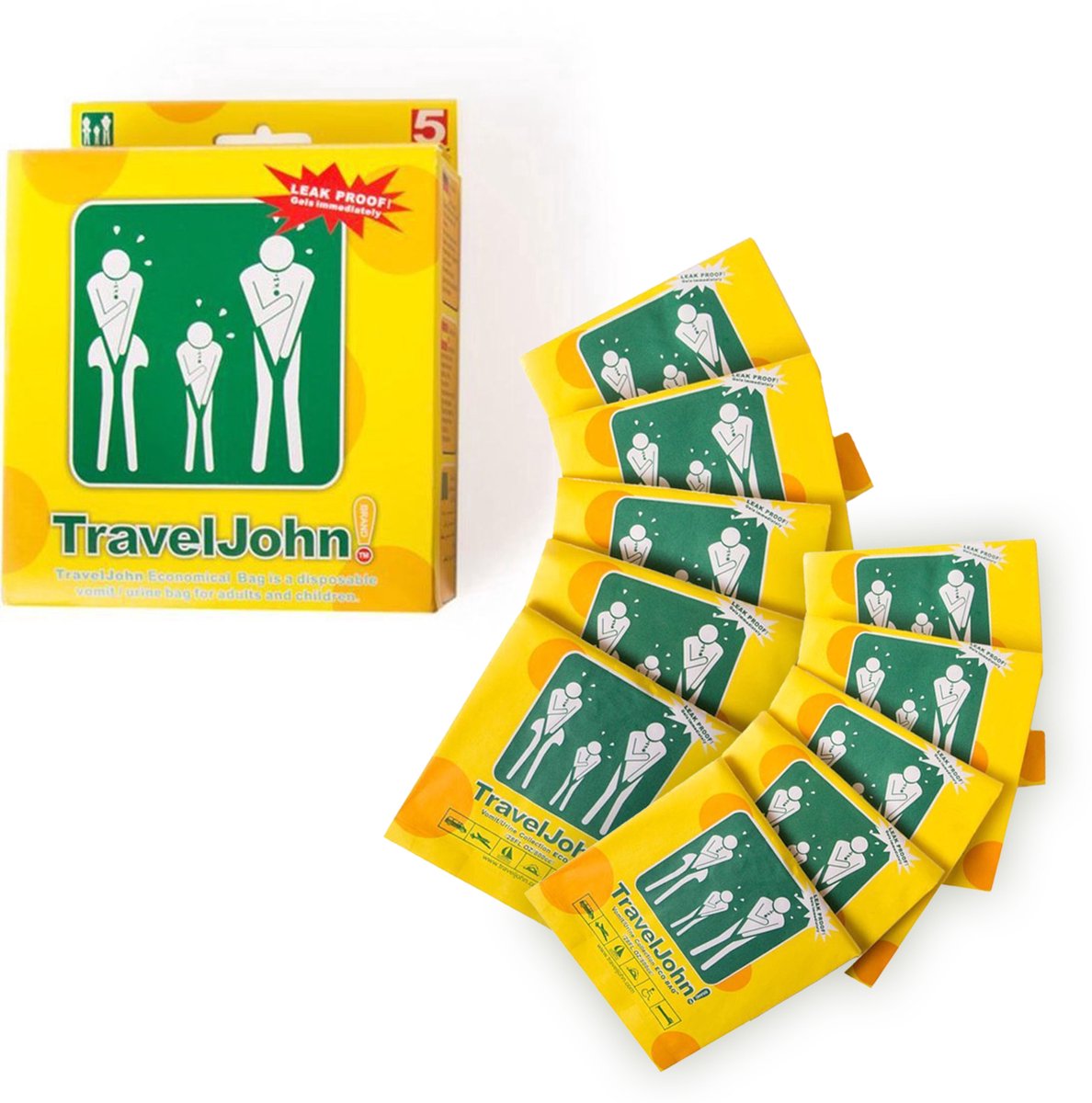 TravelJohn Spuugzak - 10 stuks - 800 ml - Lekbestendig en afsluitbaar - Braakzakjes - Spuugzakjes