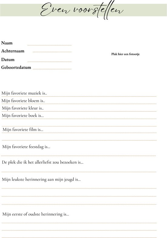 Een pagina met het formulier "Even voorstellen" met velden voor naam, achternaam, datum, geboortedatum.