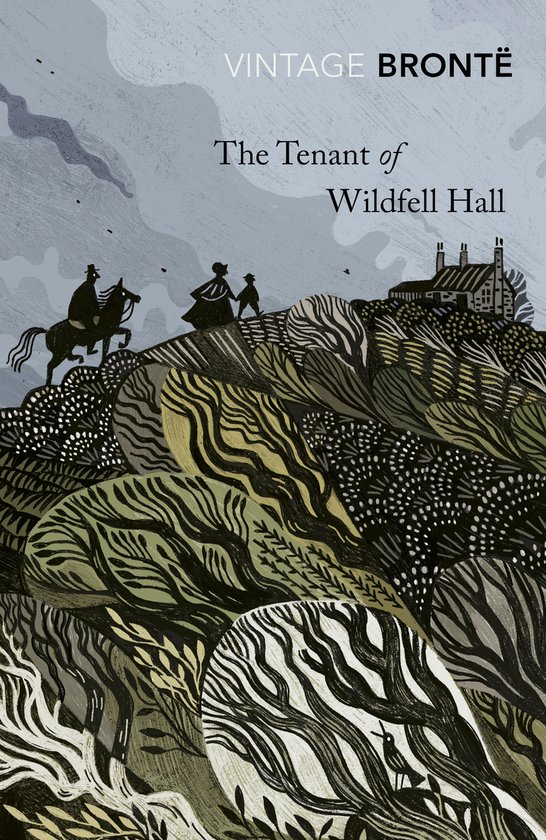 Couverture du livre 'The Tenant of Wildfell Hall' avec une illustration de collines ondulantes, une maison et des personnages à cheval.