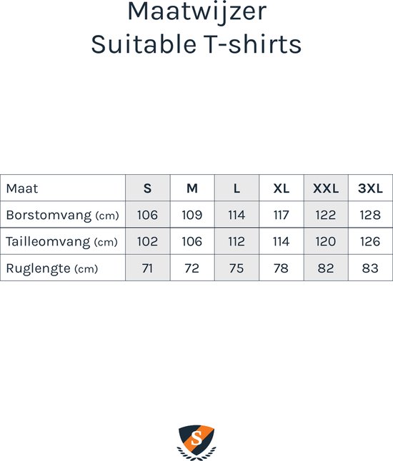 Maattabel voor Suitable T-shirts met maten S tot 3XL voor borstomvang, tailleomvang en ruglengte.