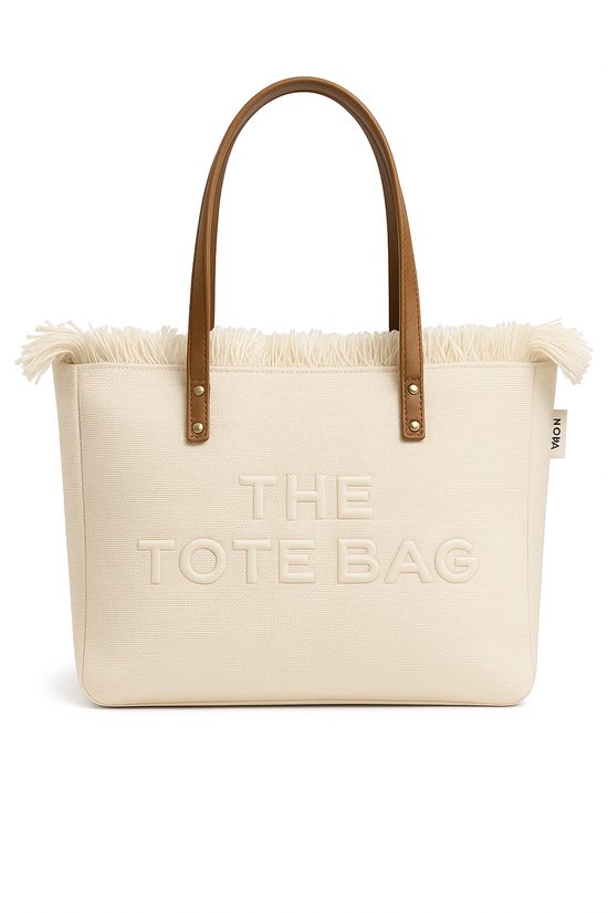 The Tote Bag – Roomwitte shopper met franjerand en camel hengsels