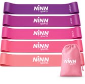 NINN Sports - Weerstandsbanden van hoge kwaliteit Paars - Set van 5 - Fitness elastiek - Extra sterk - Resistance band set - Incl. Opbergzakje