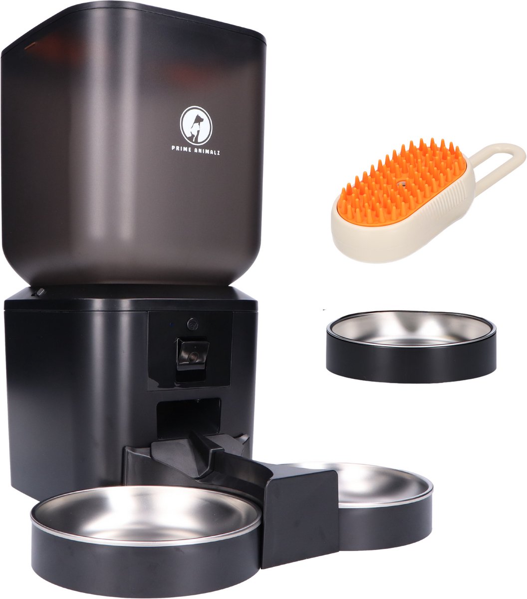 Prime AnimalZ Automatische Voerbak Kat & Hond 7L – Slimme Voerdispenser met Camera – Full HD 1080P Night Vision – Two-Way Audio – Voerautomaat met App – RVS Dubbele & Enkele Voerbak – Voor Katten & Honden – Met Stoomborstel – Zwart