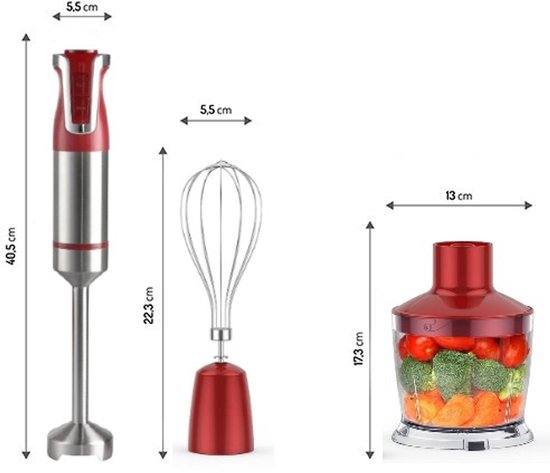 Royalty Line® ESMS800 Staafmixer - 3 in 1 Staafmixer Set - 800W - RVS - Hakmolen - Blender - Handmixer - Garde Met Snelheidsinstellingen - RVS / Rood van Royalty Line — afbeelding 4