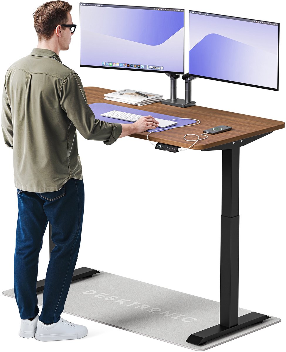 Desktronic HomeOne Zit-sta Bureau Elektrisch In Hoogte Verstelbaar, 140x70cm, Zwart/Notenhout, Stille Dubbele Motor, Hoogte 72-119cm