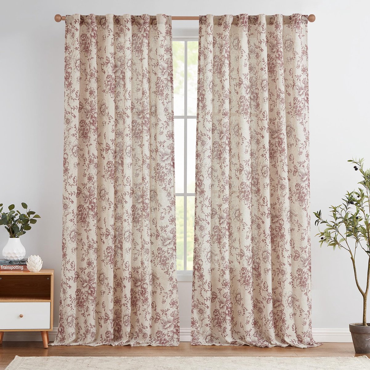 Unyqoos Lange Linnen Bloemengordijnen met Verborgen Lussen voor Woonkamer en Slaapkamer, Set van 2, 140 x 225 cm, Rood op Beige